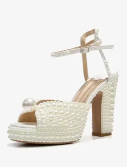 White Pearls Bridal Sandals Peep Toe Block Heel Ankle Strap Wedding Shoes