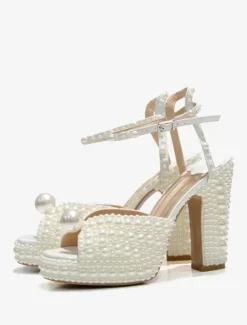 White Pearls Bridal Sandals Peep Toe Block Heel Ankle Strap Wedding Shoes