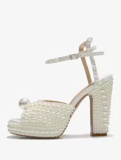 White Pearls Bridal Sandals Peep Toe Block Heel Ankle Strap Wedding Shoes