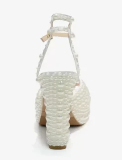 White Pearls Bridal Sandals Peep Toe Block Heel Ankle Strap Wedding Shoes