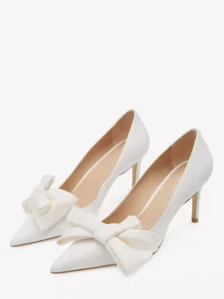 White Prom Shoes Satin Pointed Toe Bow High Heel Wedding Shoes