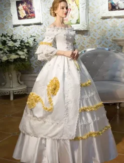 White Retro Costumes Flared Sleeve Off The Shoulder Victorian Vintage Maxi Dress