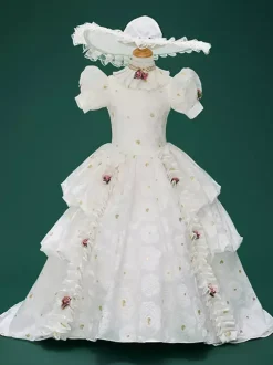 White Retro Costumes Girl's Jacquard Flowers Ruffles Marie Antoinette Costume Polyester Tunic Hat Dress Euro-Style 18th Century Costume