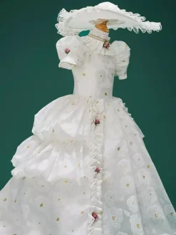 White Retro Costumes Girl's Jacquard Flowers Ruffles Marie Antoinette Costume Polyester Tunic Hat Dress Euro-Style 18th Century Costume