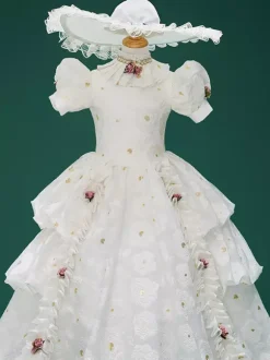 White Retro Costumes Girl's Jacquard Flowers Ruffles Marie Antoinette Costume Polyester Tunic Hat Dress Euro-Style 18th Century Costume
