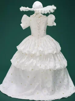 White Retro Costumes Girl's Jacquard Flowers Ruffles Marie Antoinette Costume Polyester Tunic Hat Dress Euro-Style 18th Century Costume