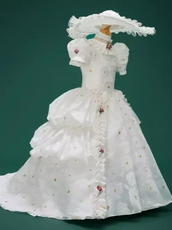 White Retro Costumes Girl's Jacquard Flowers Ruffles Marie Antoinette Costume Polyester Tunic Hat Dress Euro-Style 18th Century Costume