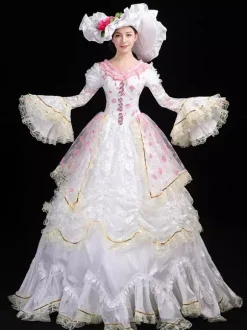 White Retro Costumes Lace Up Polyester Floral Print Marie Antoinette Costume Dress Women's Retro Set Vintage Clothing