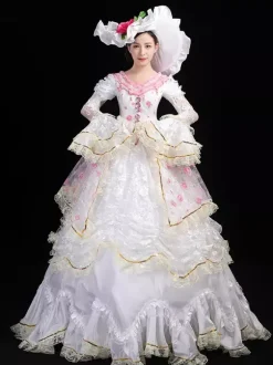 White Retro Costumes Lace Up Polyester Floral Print Marie Antoinette Costume Dress Women's Retro Set Vintage Clothing