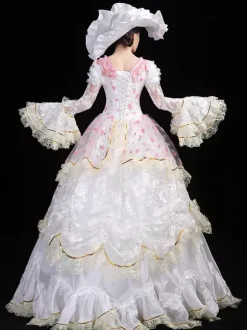 White Retro Costumes Lace Up Polyester Floral Print Marie Antoinette Costume Dress Women's Retro Set Vintage Clothing