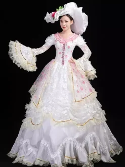 White Retro Costumes Lace Up Polyester Floral Print Marie Antoinette Costume Dress Women's Retro Set Vintage Clothing