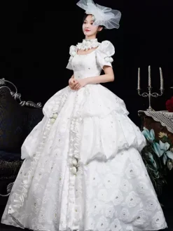 White Retro Costumes Women's Floral Print Ruffles Polyester Dress Headwear Retro Marie Antoinette Costume Vintage Clothing