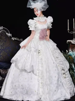 White Retro Costumes Women's Floral Print Ruffles Polyester Dress Headwear Retro Marie Antoinette Costume Vintage Clothing