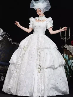 White Retro Costumes Women's Floral Print Ruffles Polyester Dress Headwear Retro Marie Antoinette Costume Vintage Clothing