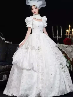 White Retro Costumes Women's Floral Print Ruffles Polyester Dress Headwear Retro Marie Antoinette Costume Vintage Clothing