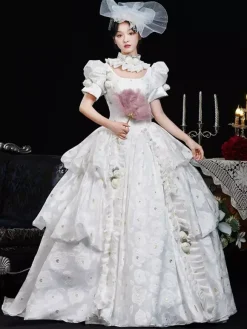 White Retro Costumes Women's Floral Print Ruffles Polyester Dress Headwear Retro Marie Antoinette Costume Vintage Clothing