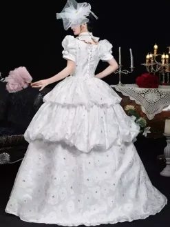 White Retro Costumes Women's Floral Print Ruffles Polyester Dress Headwear Retro Marie Antoinette Costume Vintage Clothing