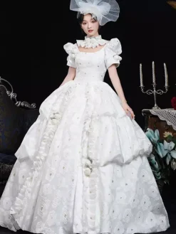 White Retro Costumes Women's Floral Print Ruffles Polyester Dress Headwear Retro Marie Antoinette Costume Vintage Clothing