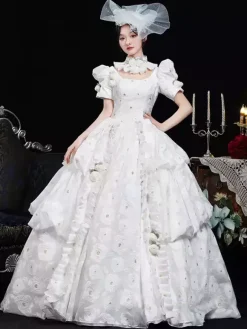White Retro Costumes Women's Floral Print Ruffles Polyester Dress Headwear Retro Marie Antoinette Costume Vintage Clothing