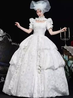White Retro Costumes Women's Floral Print Ruffles Polyester Dress Headwear Retro Marie Antoinette Costume Vintage Clothing