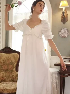 White Retro Empire Waist Dress Costumes Women Marie Antoinette Costume Polyester Shift Dress Vintage Vintage Clothing