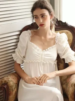 White Retro Empire Waist Dress Costumes Women Marie Antoinette Costume Polyester Shift Dress Vintage Vintage Clothing