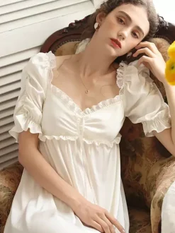 White Retro Empire Waist Dress Costumes Women Marie Antoinette Costume Polyester Shift Dress Vintage Vintage Clothing