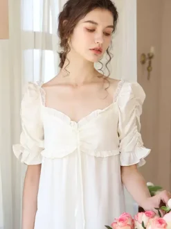 White Retro Empire Waist Dress Costumes Women Marie Antoinette Costume Polyester Shift Dress Vintage Vintage Clothing
