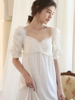 White Retro Empire Waist Dress Costumes Women Marie Antoinette Costume Polyester Shift Dress Vintage Vintage Clothing