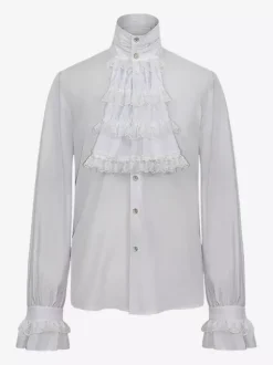 White Retro Steampunk Mens Shirt Long Sleeves High Collar Victorian Renaissance Poet Louses