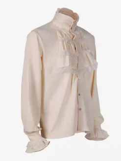 White Retro Steampunk Mens Shirt Long Sleeves High Collar Victorian Renaissance Poet Louses