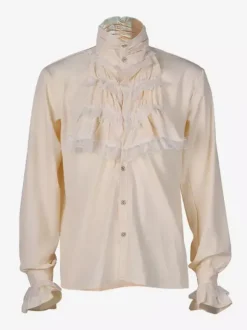 White Retro Steampunk Mens Shirt Long Sleeves High Collar Victorian Renaissance Poet Louses