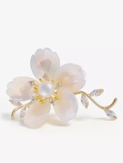 White Shell Pearl Flower Branch Brooch Gold Plated Cubic Zirconia Lapel Pin