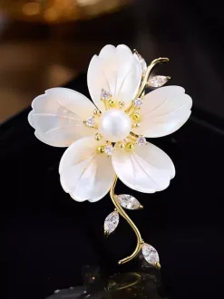 White Shell Pearl Flower Branch Brooch Gold Plated Cubic Zirconia Lapel Pin