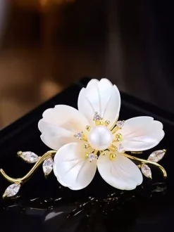 White Shell Pearl Flower Branch Brooch Gold Plated Cubic Zirconia Lapel Pin