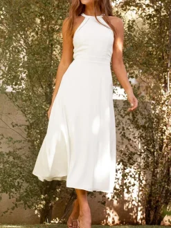 White Short Engagement Dress 2026 Halter Neck Sleeveless Backless Ankle Length A-Line Wedding Dress Free Customization