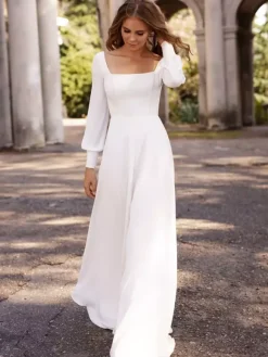 White Simple Causal Wedding Dress Satin Fabric Square Neckline Long Sleeves A-Line Floor Length Bridal Gowns Free Customization