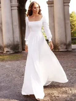 White Simple Causal Wedding Dress Satin Fabric Square Neckline Long Sleeves A-Line Floor Length Bridal Gowns Free Customization