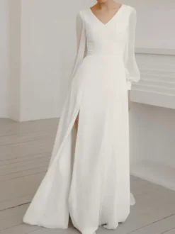 White Simple Causal Wedding Dress With Train A-Line V-Neck Long Sleeves Split Front Chiffon Bridal Gowns Free Customization