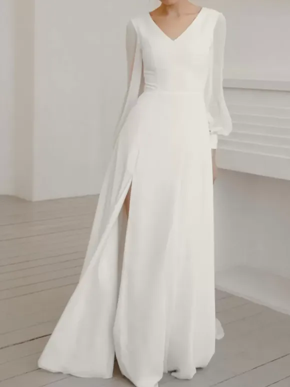 White Simple Causal Wedding Dress With Train A-Line V-Neck Long Sleeves Split Front Chiffon Bridal Gowns Free Customization
