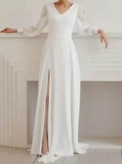 White Simple Causal Wedding Dress With Train A-Line V-Neck Long Sleeves Split Front Chiffon Bridal Gowns Free Customization