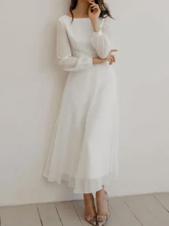White Simple Causal Wedding Dress A-Line Jewel Neck Long Sleeves Ankle-Length Zipper Chiffon Bridal Gowns Free Customization