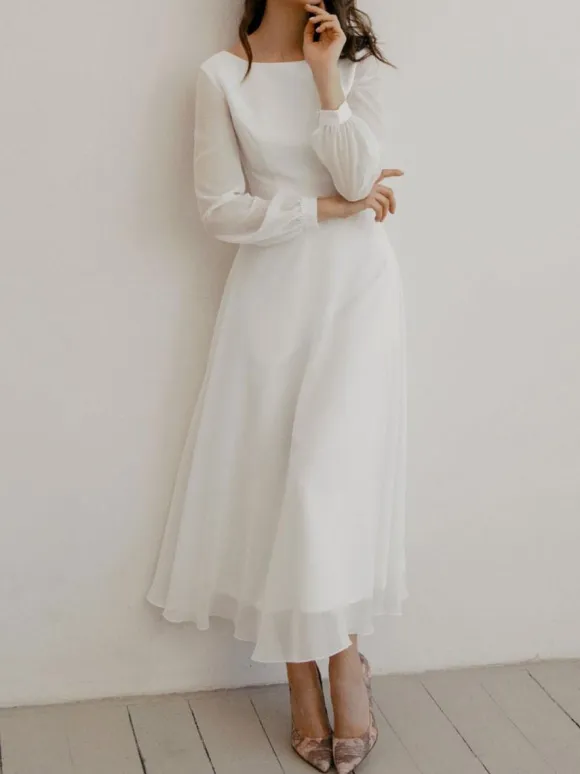 White Simple Causal Wedding Dress A-Line Jewel Neck Long Sleeves Ankle-Length Zipper Chiffon Bridal Gowns Free Customization