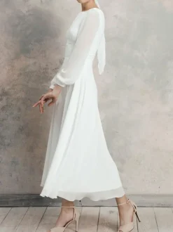 White Simple Causal Wedding Dress A-Line Jewel Neck Long Sleeves Ankle-Length Zipper Chiffon Bridal Gowns Free Customization