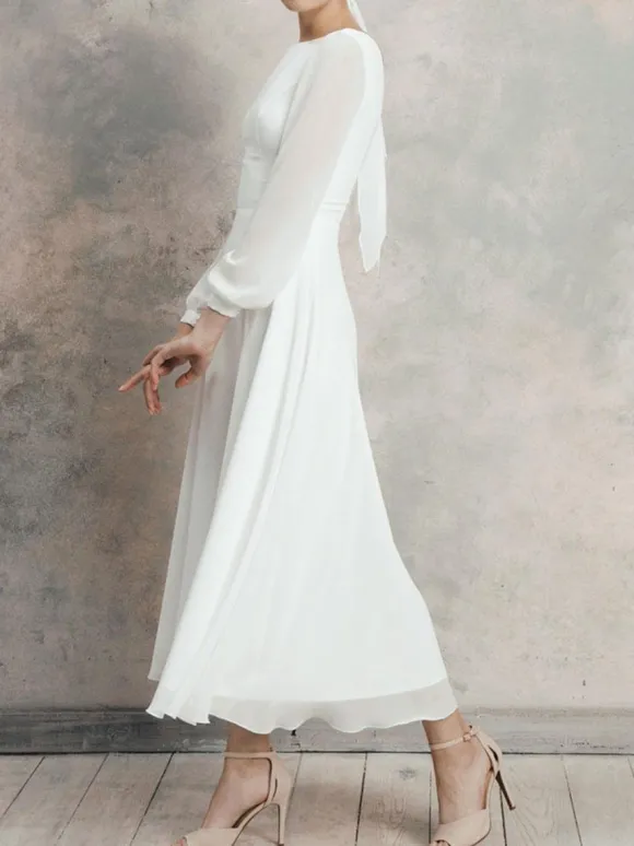 White Simple Causal Wedding Dress A-Line Jewel Neck Long Sleeves Ankle-Length Zipper Chiffon Bridal Gowns Free Customization