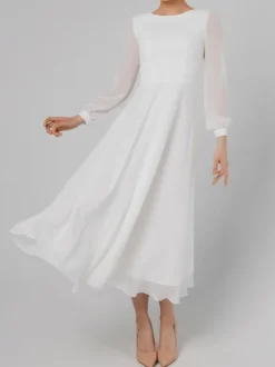 White Simple Causal Wedding Dress A-Line Jewel Neck Long Sleeves Ankle-Length Zipper Chiffon Bridal Gowns Free Customization