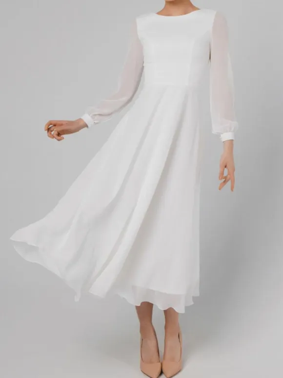 White Simple Causal Wedding Dress A-Line Jewel Neck Long Sleeves Ankle-Length Zipper Chiffon Bridal Gowns Free Customization