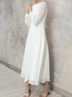 White Simple Causal Wedding Dress A-Line Jewel Neck Long Sleeves Ankle-Length Zipper Chiffon Bridal Gowns Free Customization