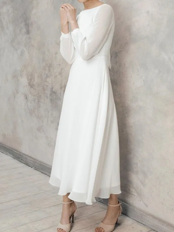 White Simple Causal Wedding Dress A-Line Jewel Neck Long Sleeves Ankle-Length Zipper Chiffon Bridal Gowns Free Customization