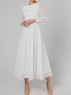 White Simple Causal Wedding Dress A-Line Jewel Neck Long Sleeves Ankle-Length Zipper Chiffon Bridal Gowns Free Customization